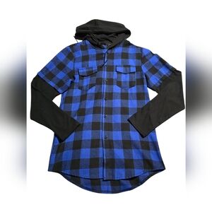 Plaid Longsleeve Button Up with Hood, Size S